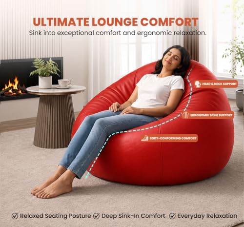 Image of Sattva Classic 2XL Bean Bag Chair with Beans Filled | Faux Leather Sofa Style Bin Bags Chair with Beans Filling | Comfort Beam Bag Sofa for Adults & Teens, Living Room & Office - Red