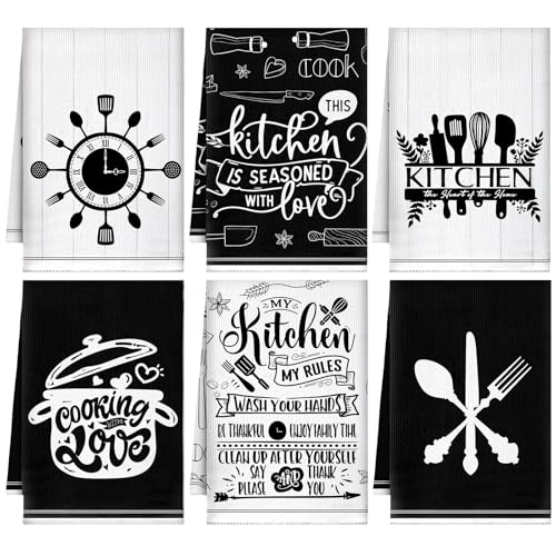 Sunnyray 6 Pcs Kitchen Towels Dish Cloths Nature Modern Absorbent Hand Tea Wash Cloth with Hanging Loop for Bathroom Home Farmhouse Kitchen Gifts(Black White,Funny)