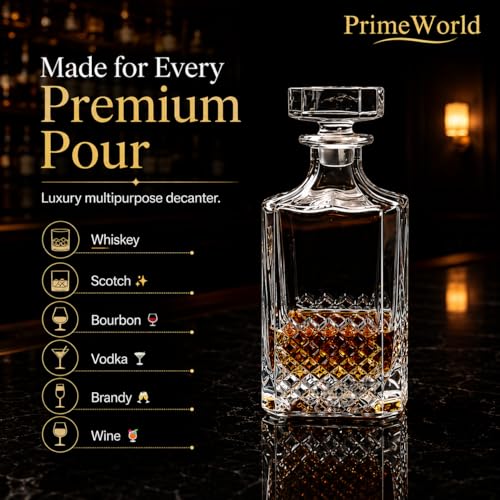 Image of PrimeWorld Crystal Glass Decanter with Stopper (750 ml) | Premium Liquor & Wine Decanter for Whiskey, Scotch, Bourbon, Vodka, Brandy & More | Elegant Glass Bottle for Home Bar & Gifting (1 Pc)
