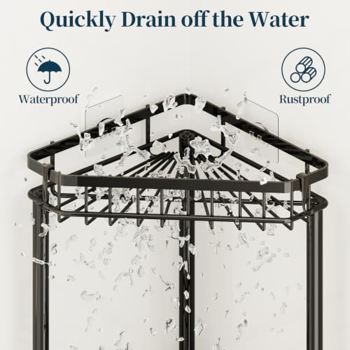 Consumest-Corner-Shower-Caddy-Stand-Rustproof-Bathroom-OrganizerStorage-3-Tier-Shower-Shelves-for-Inside-Shower-Stainless-Steel-Corner-Shelf-with-Soap-Holder-4-Hooks-Brush-Holder-Black