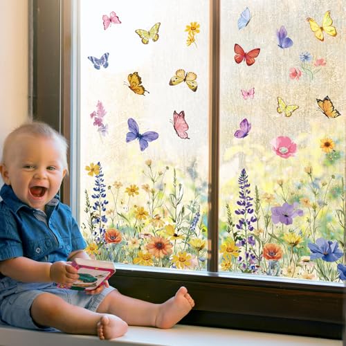 Whaline 6 Sheet Wildfloral Spring Flower Butterflies Window Clings