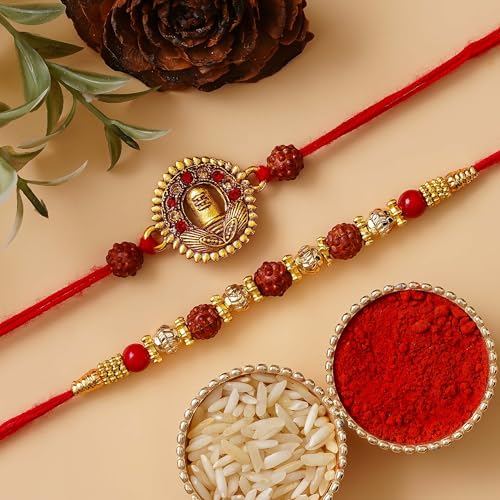 Image of eCraftIndia Set of 2 Shivalinga Rudraksha Religious Rakhis for Brothers with Best Bro Ever Fridge Magnet and Roli Chawal Pack