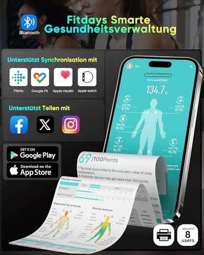 Körperfettwaage Personenwaage Digital 8-Elektroden Bluetooth App Smart Körperanalysewaage, 58 Körperdaten Fett, Muskel, Protein, BMI, BMR, Großes Display, Gehärtetes Glas, 180kg/400lbs, 24 Benutzer