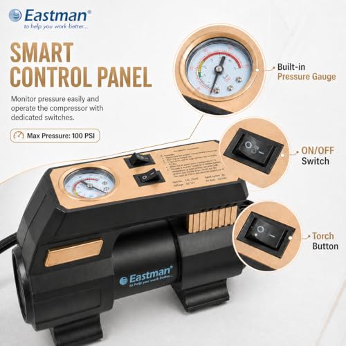 Image of EASTMAN Air Compressor 12V Car Tyre Inflator ? 100 PSI High Pressure Portable Pump with LED Light & 20L /Min Air Flow for Cars, Bikes & Inflatables (EAC-25100)