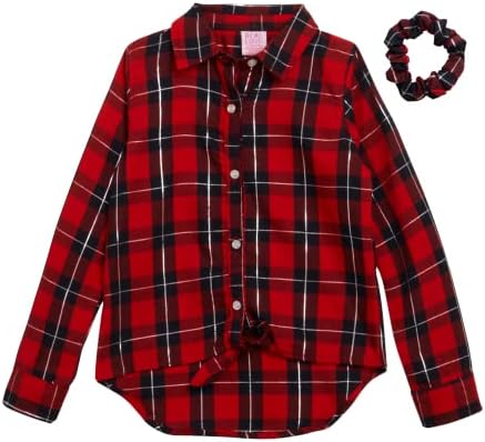 Real Love Girls' Shirt - Long-Sleeve Button Down Collared Woven Plaid Shirt with Scrunchie (Size: 4-16), Size 4, Red/Black Plaid