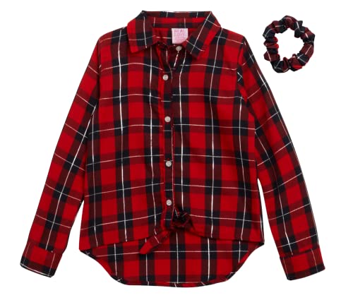 Real Love Girls' Shirt - Long-Sleeve Button Down Collared Woven Plaid Shirt With Scrunchie (Size: 4-16), Size 4, Red/Black Plaid #TOP28