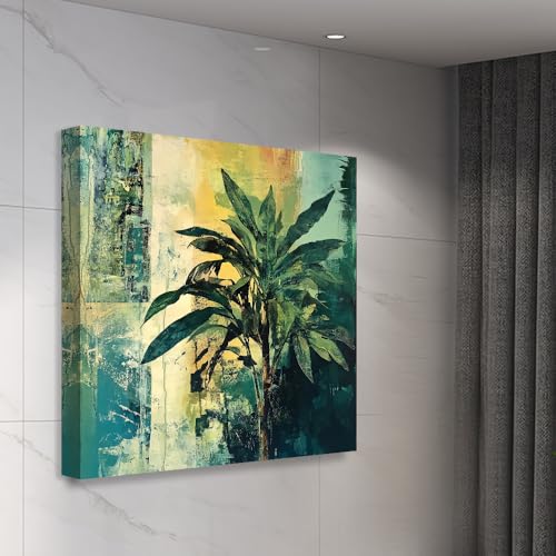 Image of Exsha Abstract Green Plant Foliage Canvas Wall Painting|Modern Tropical Leaves Paintings for Living Room, Bedroom, Office, Balcony Decor|Contemporary Nature Art Print for Wall Decoration|20x20 Inch