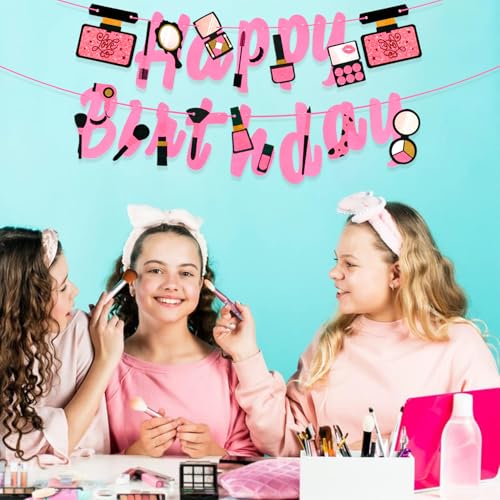 Image of Rozi Decoration Happy Birthday Makeup Banner Set of 1 Pcs | Happy Birthday Banner Girl Makeup | Happy Birthday Pink Banner | Makeup Theme Birthday Party Decorations | Makeup Theme Birthday Party