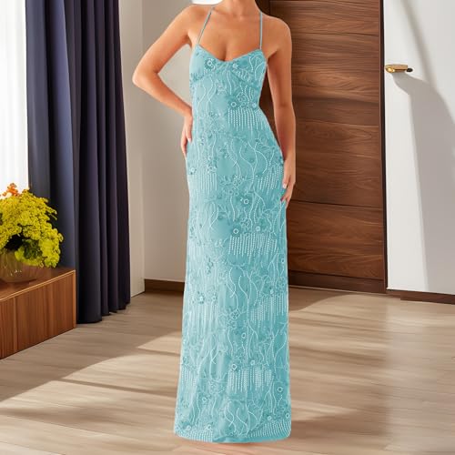 Women Y2k Sequin Bodycon Maxi Dress V Neck Backless Flower Embroidery Long Dresses Elegant Party Cocktail Cami Dress3