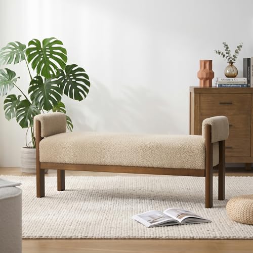 VKNOW End of Bed Bench Upholstered Bedroom Bench with Arms Light Brown