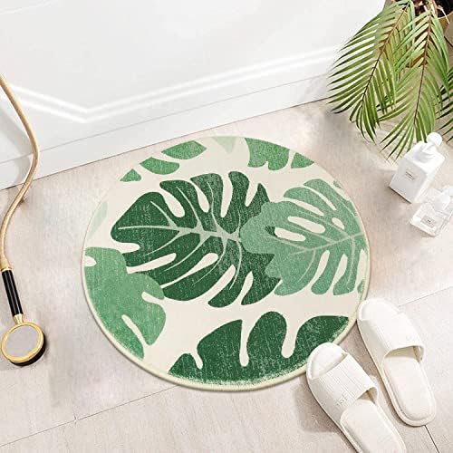 Lukinbox Round Bathroom Rug, Green Leaf Non-Slip Bath Mat Rug, Cute Small Washable Circle Rug Soft Microfiber Indoor Mat for Kids Room Bathroom Shower Tub Door Mat