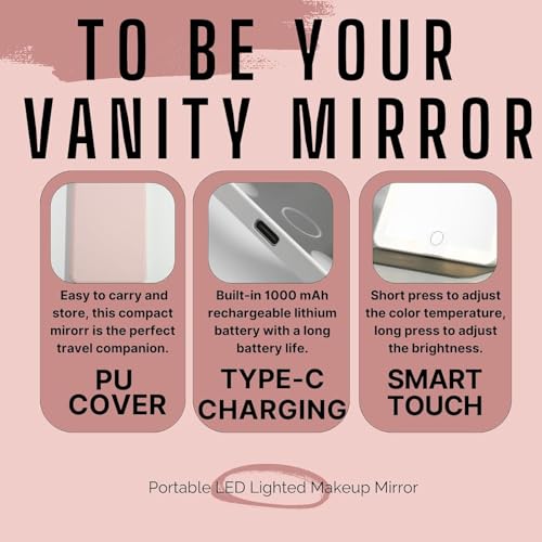 Image of Glaceon Portable Travel Makeup Mirror with Lights, Touch Screen Three Colors Dimmable Lighted Makeup Mirror, 1000 mAh USB Rechargeable Lighted Vanity Mirror (GL-01, 20 X 13.5 X 1 CM)