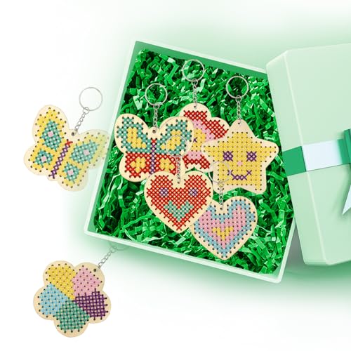 Image of JHGCVX 12 Pcs Wooden Cross Stitch Keychain Kit，Make Your Own Cross Stitching Keyrings，Butterfly Flower Love Star Wood Cross Stitching Keyrings for Beginners