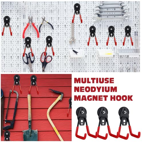 Image of Landhoow 6 Pcs Large Magnetic Hooks Heavy Duty Garage Magnet Hooks Strong Storage Utility Magnetic Hangers with Anti Slip Rubber Coating for Indoor and Outdoor Hanging (Red)