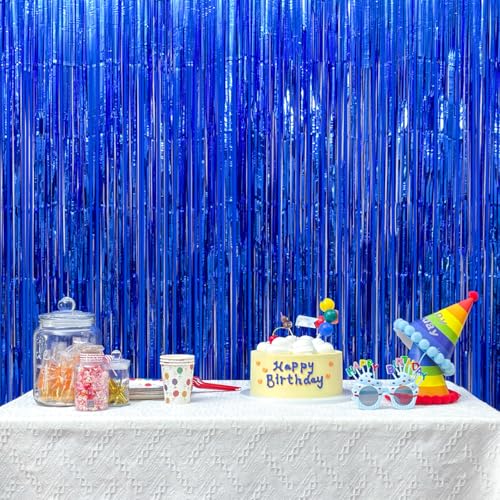 Image of 4 Pack Dark Blue Foil Fringe Curtain, 13.2x6.6ft Glitter Tinsel Streamers Backdrop, Photo Backdrop for Birthday, Baby Shower, Summer Party, Graduation | Blue Streamers Party Decorations