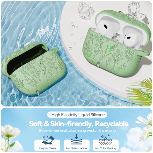 Image of Flower Engraved Case for Apple AirPods Pro 2 Gen with Clean Kit,Soft Silicone Protective Case Cover for AirPod Pro 2nd /1st Generation Keychain,Lanyard,3 Pair Ear Tips,Front LED Visible,Pistachio Green