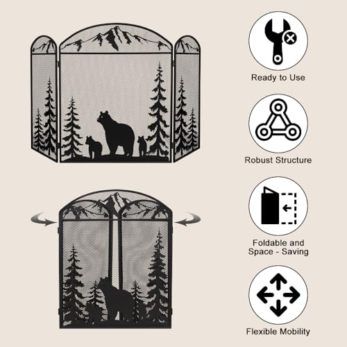 Image of Hogardeck 48 inch x 30 inch Fireplace Screen, 3 Panel Fire Place Cover for Living Room, Christmas Decoration Gate with Polar Bear for Brick Fireplace, Baby Proof, Pet Safety