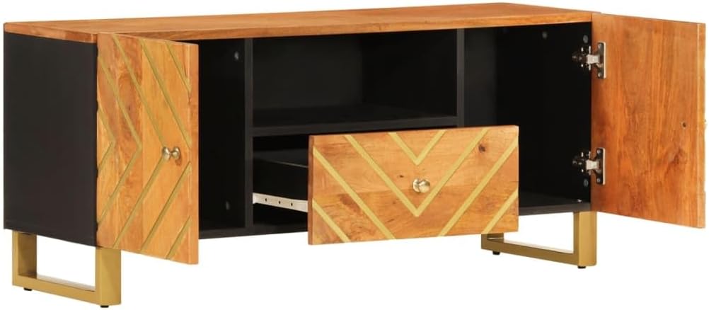 Modern 41" Brown Mango Wood TV Cabinet with Matte Black Iron Legs, Solid Entertainment Center for Living Room or Bedroom