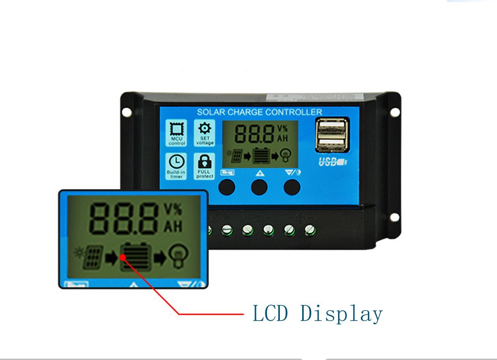 Régulateur Solaire PWM 20A 12V/24V LCD USB - Contrôleur Charge Panneau Solaire Avec Ports USB, Protections Intégrées