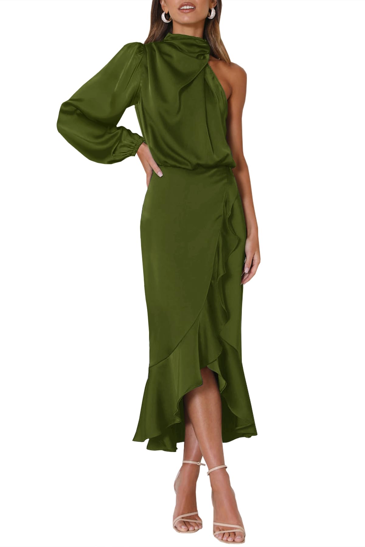 MITILLY Women's Satin Formal One-Shoulder Mock Neck Long Sleeve Bodycon Wrap Mermaid Hem Cocktail Party Maxi Dress New