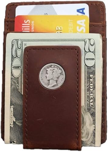 US 1926 Mercury Dime 90% Silver 10 Cent Coin Magnetic Money Clip and Wallet Combo New - Crazy Horse Water Buffalo Leather