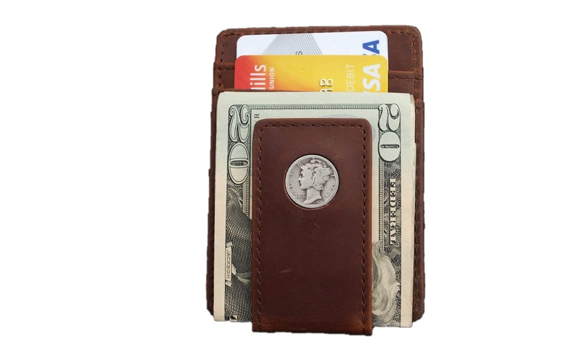 US 1926 Mercury Dime 90% Silver 10 Cent Coin Magnetic Money Clip and Wallet Combo New - Crazy Horse Water Buffalo Leather