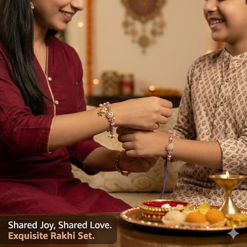 NiLy Craft Luxury Handmade Bhaiya Bhabhi Rakhi Gift Set | Premium Traditional Floral Charm & Royal Purple Beads Couple Rakhi with Roli, Chawal & Raksha Bandhan Greeting Card | Elegant Designer Rakhi Combo for Brother & Sister-in-Law by NiLy Craft - Used condition - Image 4