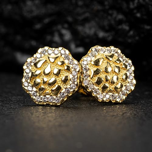 Hip Hop Round 14K Yellow Gold Plated 925 Sterling Silver Circle Big 90's Ice Out Cz Man Hypoallergenic Solid Gold Nugget Large Stud Screw Back Post Earrings For Men4