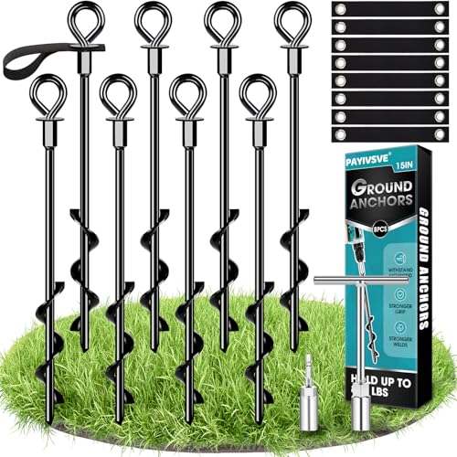 Ground Anchors Screw in 8Pcs, Trampoline Stakes Anchors with Straps Resistant High Wind, Earth Anchor for Swing Set, Tent, Trampolines, Carport, Canopies(8x15in)
