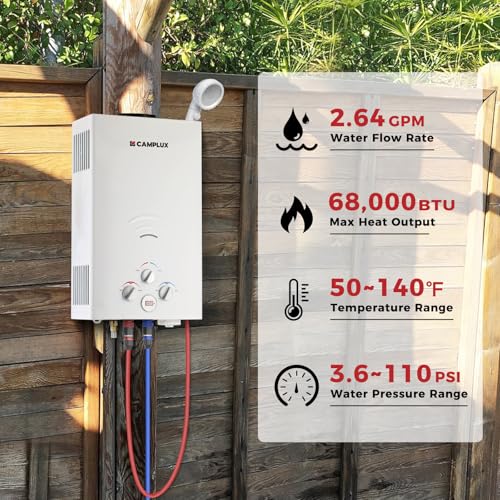 Image of CAMPLUX 2.64 GPM Propane Portable Gas WaterHeater, 68,000 BTU Outdoor Tankless CampingWater Heater with Digital Display, White,BW264