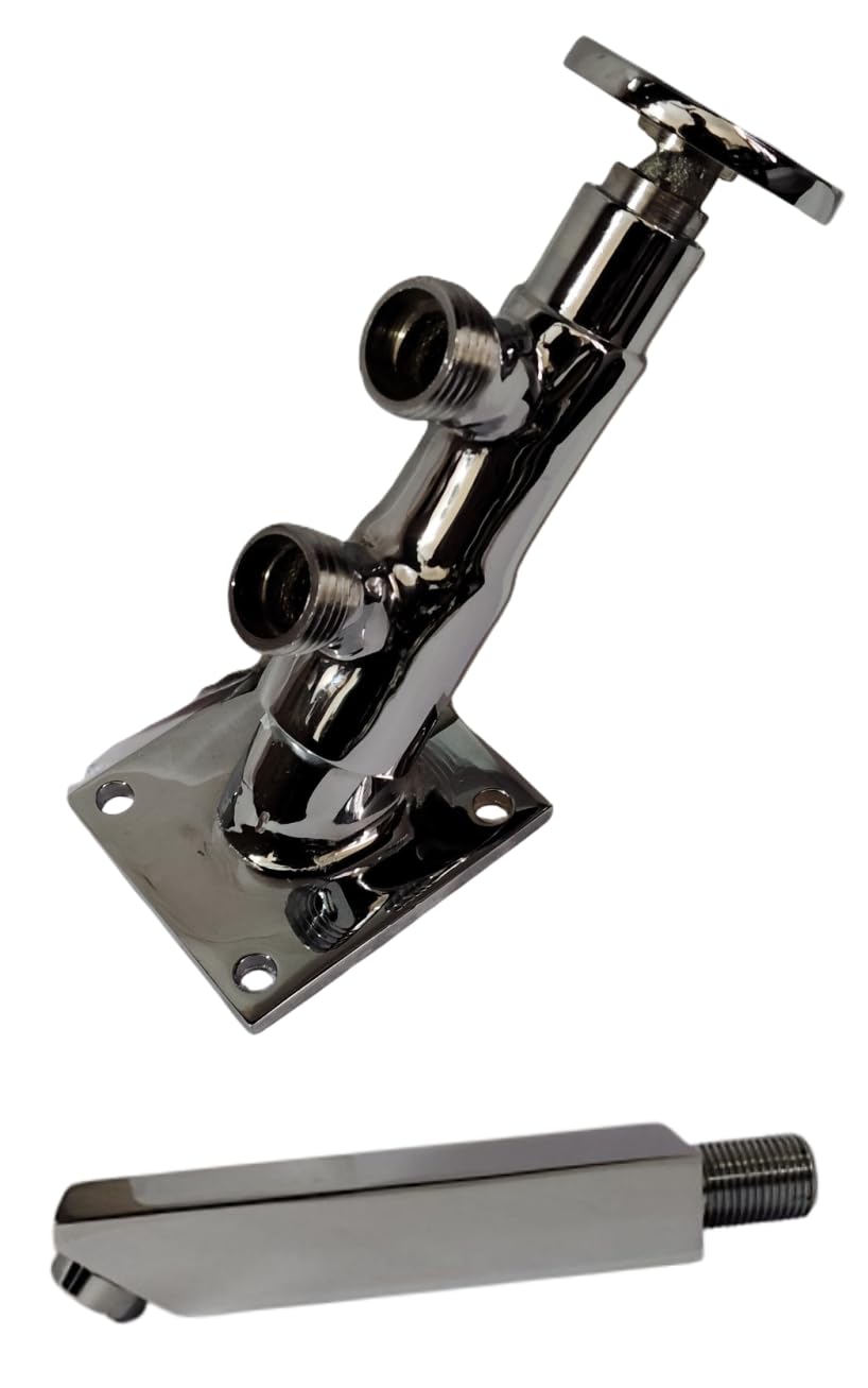 Set of Brass Inclined Rect. Bottom Foot Tap (Foot Valve) + Brass Wall Mount Spout -7 inch & Drill Fittings with 2 Years Warranty (Standard Thread-15mm (1/2") Used)