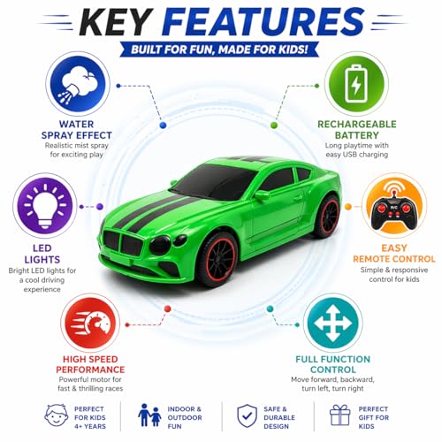 Image of The Flyers Bay Famous Millionaire Remote Control Car for Kids 4+ with Music, 3D Lights, Water Spray, Rechargeable Battery, 7 Function RC Toy Car with Type-C Charging (Green)