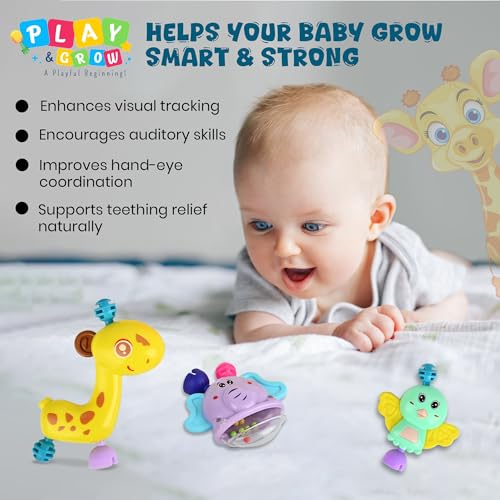 Image of PLAY & GROW Primum Quality Baby Rattle - Pack of 03 | Newborn Rattle Gift Set for Boys & Girls | Safe & Colorful Infant Toys for Early Learning & Sensory Play | Ideal Gift Pack for 0-24 Months Babies
