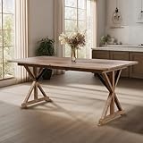 Farmhouse Solid Wood Dining Table for 4-8, Large Rectangular Rustic Kitchen Table with Heavy Duty Distressed Legs&Metal Support 69” W x 32” D Pine Dining Room Table