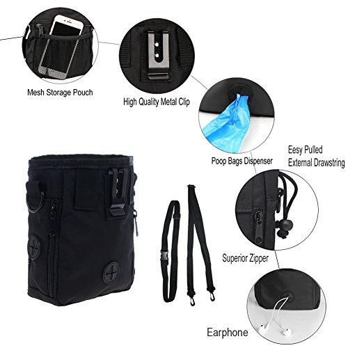 HANWELL Futterbeutel für Hunde Leckerlies, Hundeleckerlitasche mit Poop Spender-Verstellbarer Taillen/Schulterriemen, Mehrfachtaschen für Tragende Hunde Kibble und Spielzeug - Wasserdichtes, Schwarz