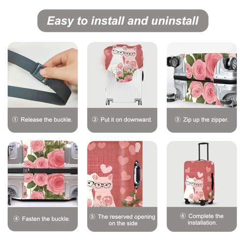 Image of Cat Glasses Romance Luggage Cover, Washable Suitcase Protector with Feline Hearts Flowers Anti-scratch for 18 inch,20 inch,22 inchBag
