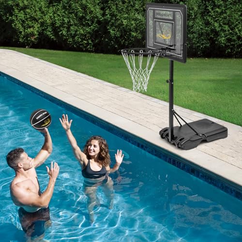 DEBERG Swimming Pool Basketball Hoop Set Height-Adjustable Portable Pool Basketball Hoop Poolside with Shatterproof Backboard and Stainless Steel Rim/Bracket, Includes a Ball and Air Pump