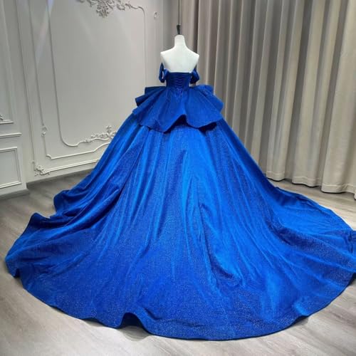 TRHTX Lurex Quinceanera Dresses with Train Puffy Off Shoulder Layered Sweet 16 Dresses Sparkly Beaded Long Ball Gown2
