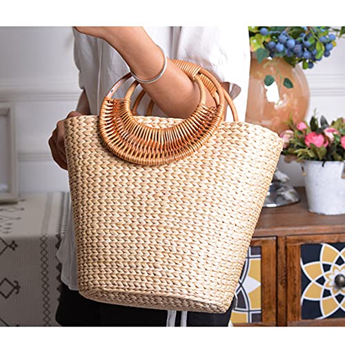 Image of Women Straw Bag Large Woven Bag Round Handle Ring Tote Purse Retro Handbags Summer Beach Handbag