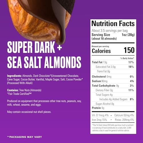Image of SkinnyDipped Super Dark Chocolate + Sea Salt Almonds, Vegan, Healthy Snack, Plant Protein, Gluten Free, 3.5 oz Resealable Bags, Pack of 5