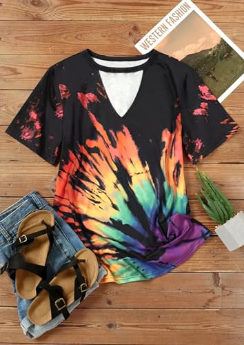 Sexy V Neck T Shirts for Women Tie Dye Hollow Out Blouse Tops Summer Loose Casual Shirt Country Music Graphic Tee Shirts2