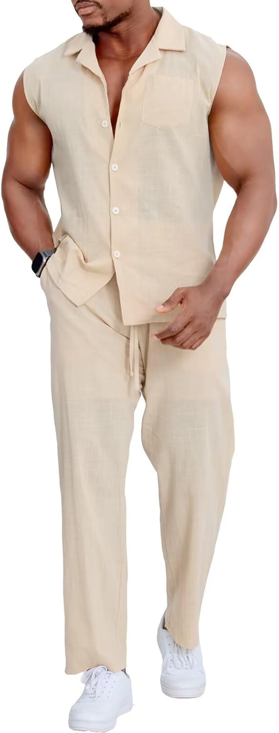 Epoleatries Mens Linen Sets 2 Piece Outfits Sleeveless Shirt and Pants Set Vacation Outfit for Men Summer Beach Suits