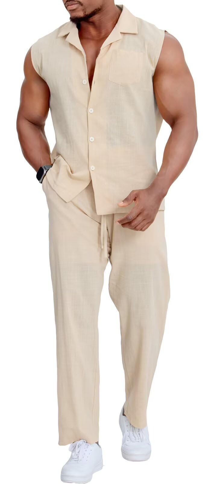 Epoleatries sleeveless two-piece shirt and pants set in 100% cotton