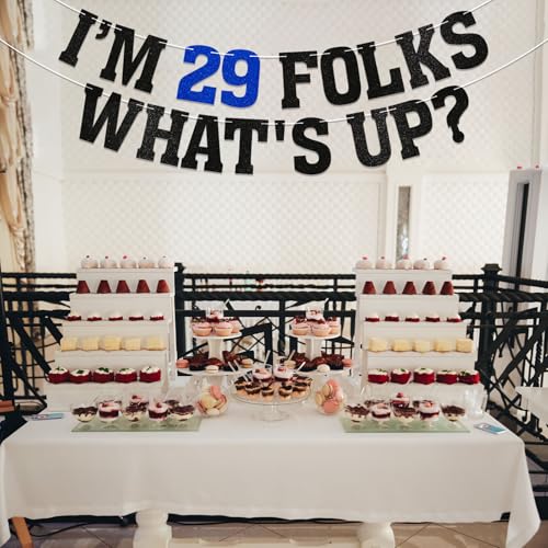 Image of I am 29 Folks, What's Up? Banner - New Girl 29th Birthday Party Decorations, Happy 29th Birthday Party Decorations Black Glitter