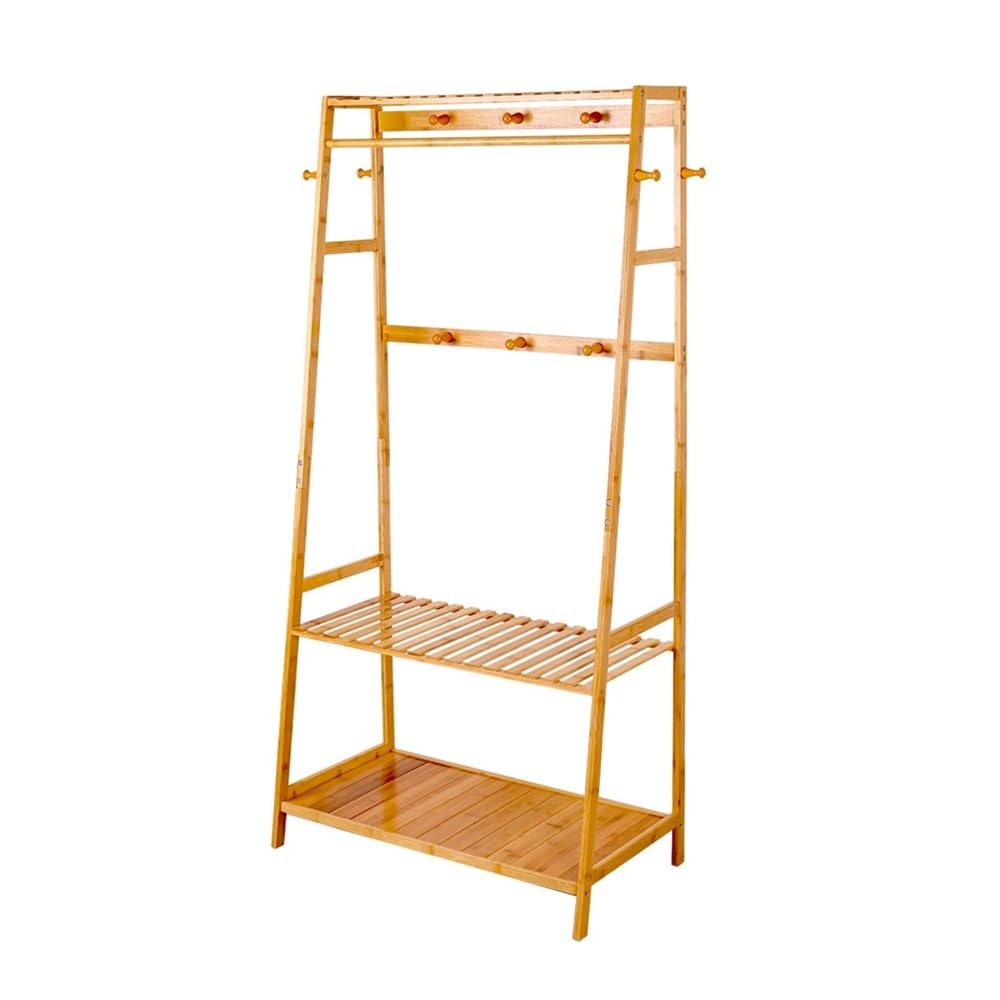 DFHS46JK Hat Rack Bamboo Clothes Coat Rack With Storage Shelves And 10 Hooks For Entryway, Bedroom, Hallway, Office for Office(Natural Wood)