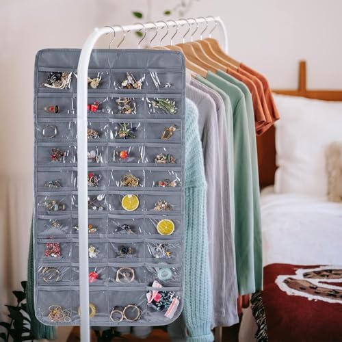 Image of Earring Organizer for Women | Hanging Jewellery Organiser with 48 Double-Sided Transparent Pockets | Earrings Holder, Necklace, Bangle Organizer | Jewelry Storage Organizer for Wardrobe Closet (Grey)
