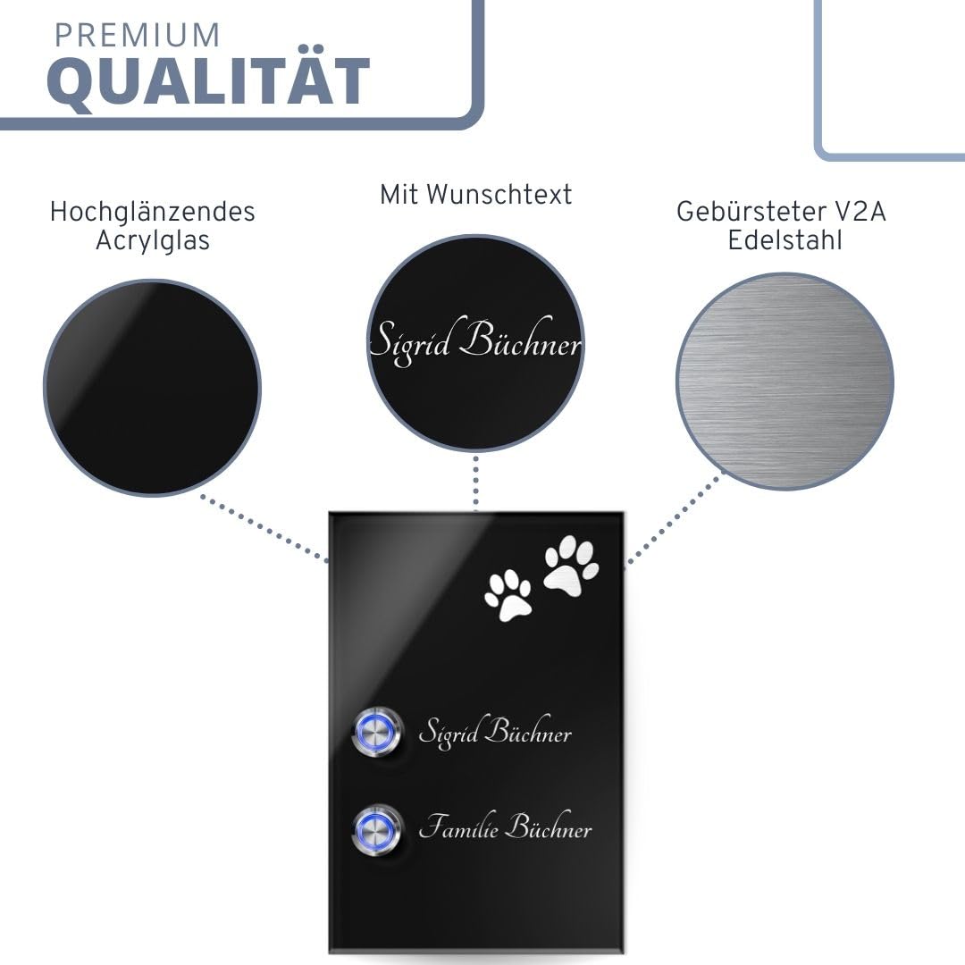 Türklingel für Mehrfamilienhäuser - Doppelklingel aus Acrylglas | Klingel Modell Büchner 12x18cm - Hochglänzende Optik mit Wunschgravur und Motiv