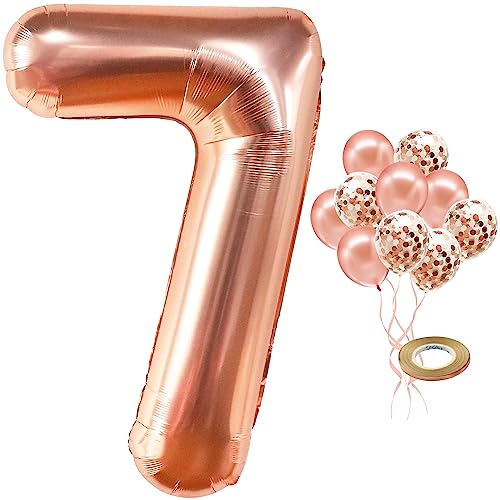KatchOn, Giant Rose Gold Number 7 Balloon - 40 Inch | Foil Number Balloon With Confetti For 7th Birthday Decorations | 7 Balloon For Anniversary Decorations | Rose Gold Party Decoration