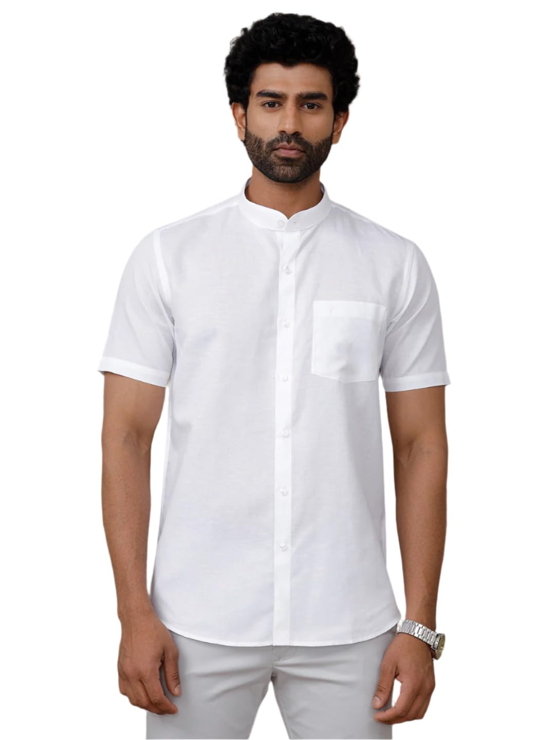 ramraj cotton Half Sleeves Men Linen Cotton Chinese Collar White Shirt Craze-H40-picture-36