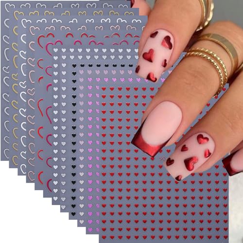Mini Heart Nail Stickers Decals 12 Sheets 3D Valentine’s Day Nail Art Stickers Self Adhesive Hollow Purple Red Black White Hearts Designs Lovers Romantic Manicure Decoration Nail Supplies